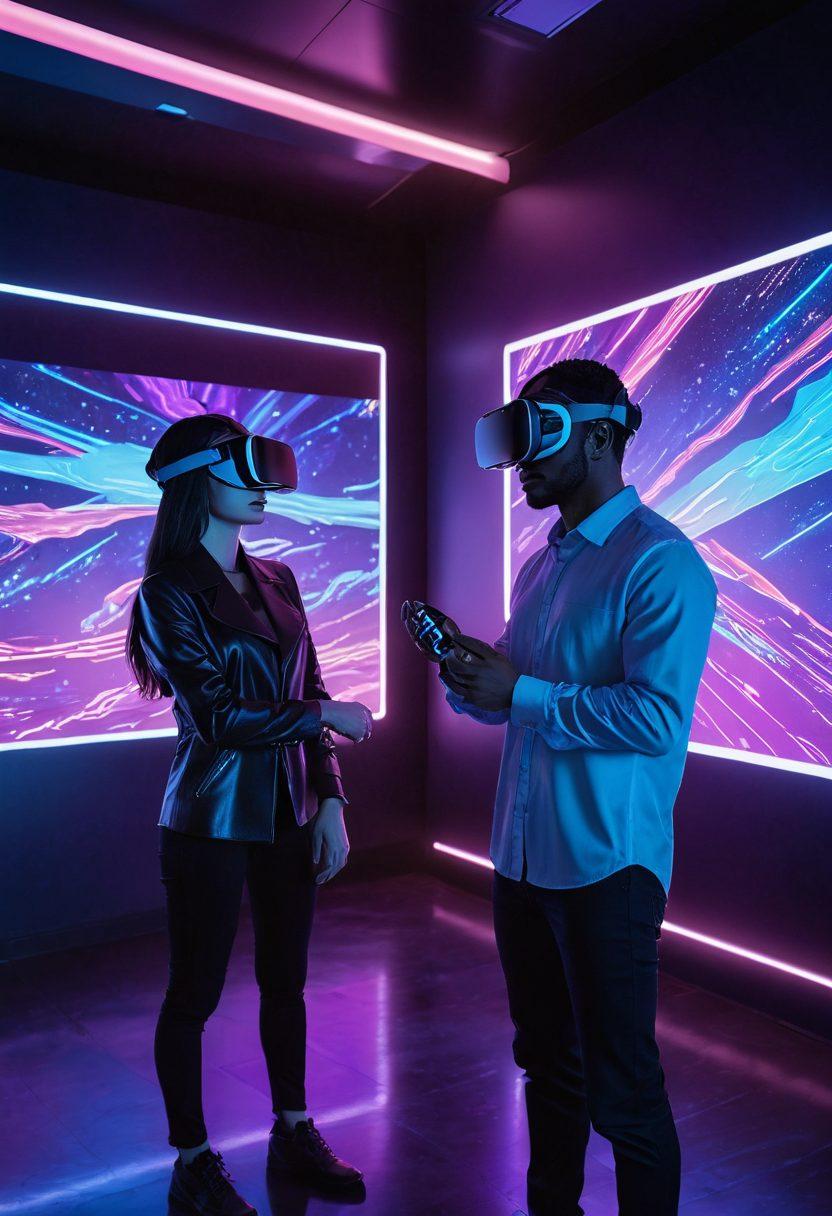 A futuristic scene depicting a virtual reality headset-wearing couple interacting with immersive adult content in a sleek, neon-lit room filled with holographic elements. Surrounding them are high-tech gadgets and glowing screens displaying interactive animations. The atmosphere should evoke a sense of intimacy and exploration in a digital landscape. The color palette should be vibrant with contrasting blues and purples. 3D. vibrant colors.