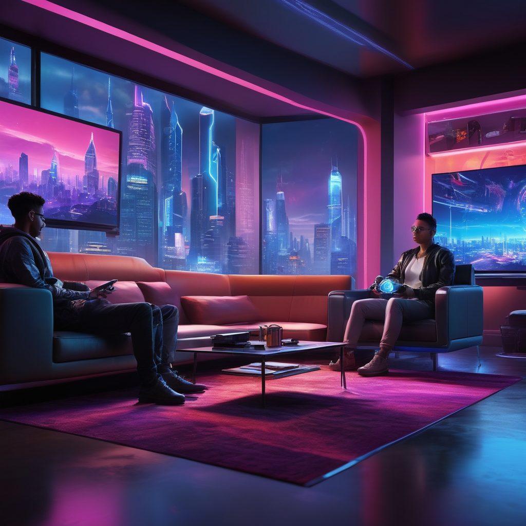 A futuristic living room showcasing a diverse group of adults engaged in immersive virtual reality gaming. Surrounding them are vibrant holographic displays and interactive VR equipment, with a glowing city skyline visible through a large window. The atmosphere is filled with excitement and technology, combining elements of fun and innovation. Soft neon lights enhance the ambiance, reflecting the thrill of gaming breakthroughs. super-realistic. vibrant colors. cyberpunk.